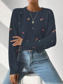 SHEIN LUNE 女士花卉图案落肩长袖休闲毛衣，秋冬 - 寶藍色 - 查看 4