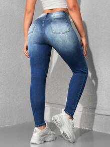 SHEIN EZwear Casual Mid-Waist Slim Fit Washed Denim Jeans - Medium Wash - View 3
