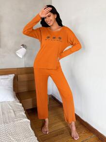 RueChic Floral And Slogan Graphic Ribbed Knit Tee & Pants Lounge Set - Orange - View 5