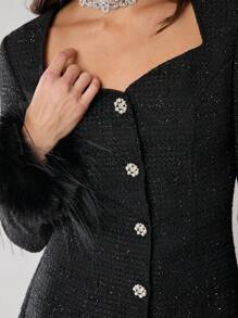 Enchnt Váy vải tuýt lấp lánh tay dài đính ngọc trai giả tinh tế mùa xuân/đông lãng mạn cho nữ, trang phục ngọt ngào và thanh lịch cho ngày lễ tình nhân, tiệc giáng sinh, năm mới, sinh nhật, ngày lễ, đêm hẹn hò ngọt ngào và cocktail, váy - màu đen - Xem 5