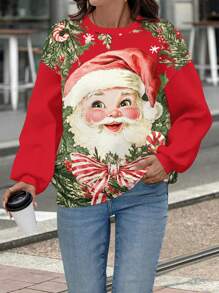 SHEIN LUNE 圣诞休闲圣诞老人图案圆领宽松长袖连帽衫，女款，秋冬 - 紅色 - 查看 3
