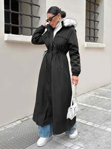 WOMAN BLACK OVERCOAT WITH FUR AND TEDDY LINING - Black - View 1