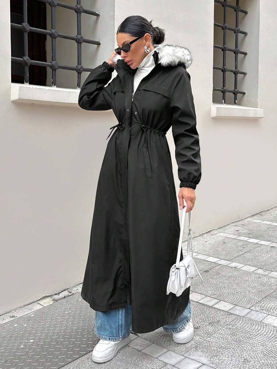 WOMAN BLACK OVERCOAT WITH FUR AND TEDDY LINING - Black - View 1