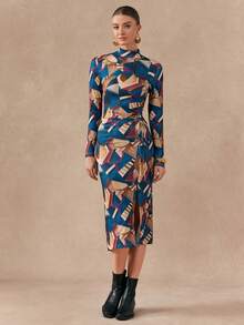 Chiquease 女士修身印花开衩下摆高端中长连衣裙