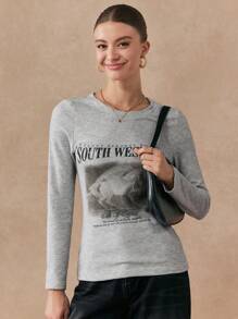 SHEIN Unity Women's Casual Everyday Letter Print Slim Fit Long Sleeve T-Shirt, Autumn Fall Cloth For Women - Grey - View 4