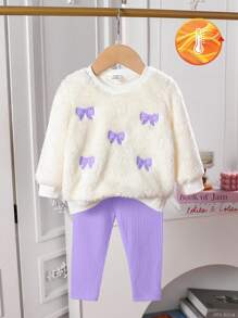 Bộ 2 áo chui đầu mềm mại thêu nơ cho bé gái và quần legging họa tiết, trang phục thường ngày thời trang cho mùa thu/đông - Màu tím - Xem 1