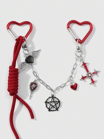 Goth 1pc Y2K Edgy Gothic Style Silver Chain Drop Oil Winged Heart Thorn Hollow Star Skull Mirror Cross Devil's Eye Black/Red Adjustable Lanyard Keychain Bag Charm, Suitable For Women, Girls Daily Wear & Holiday Gift, Halloween