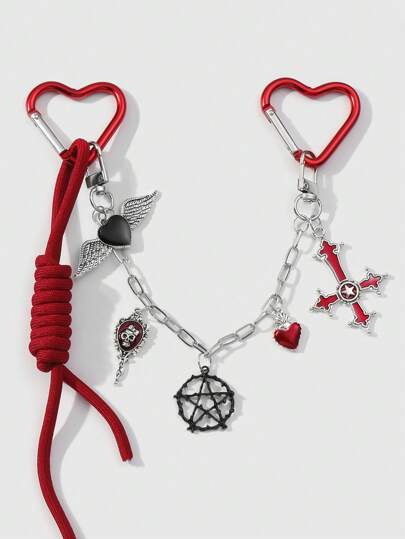 1pc Y2K Edgy Gothic Style Silver Chain Drop Oil Winged Heart Thorn Hollow Star Skull Mirror Cross Devil's Eye Black/Red Adjustable Lanyard Keychain Bag Charm, Suitable For Women, Girls Daily Wear & Holiday Gift, Halloween