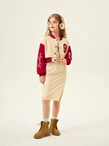 SHEIN Explorewe 2 件套女童运动条纹修身连衣裙和羊毛刺绣夹克套装 - 彩色 - 查看 5
