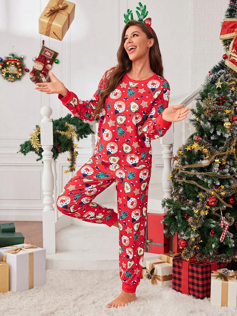 SHEIN Bộ đồ ngủ dài tay in họa tiết Giáng sinh vui nhộn tối giản cho nữ, trang phục thường ngày - Đỏ - Xem 1