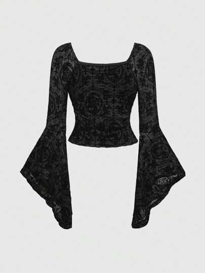 Goth Gothic Style Skeleton & Cross Flocked Fabric Tight Fit Retro Palace Top For Women