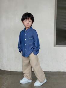 SHEIN 2pcs/Set Young Boy Casual Denim Effect Shirt And Loose Straight Leg Pants Outfit, Suitable For School & Daily Wear, Autumn/Winter - Multicolor - View 9