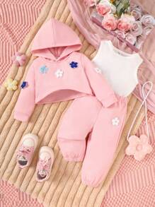 1 Set Baby Girl 3D Floral Decor Long Sleeve Hooded Jacket, Minimalist Crew Neck Sleeveless Top & Pants