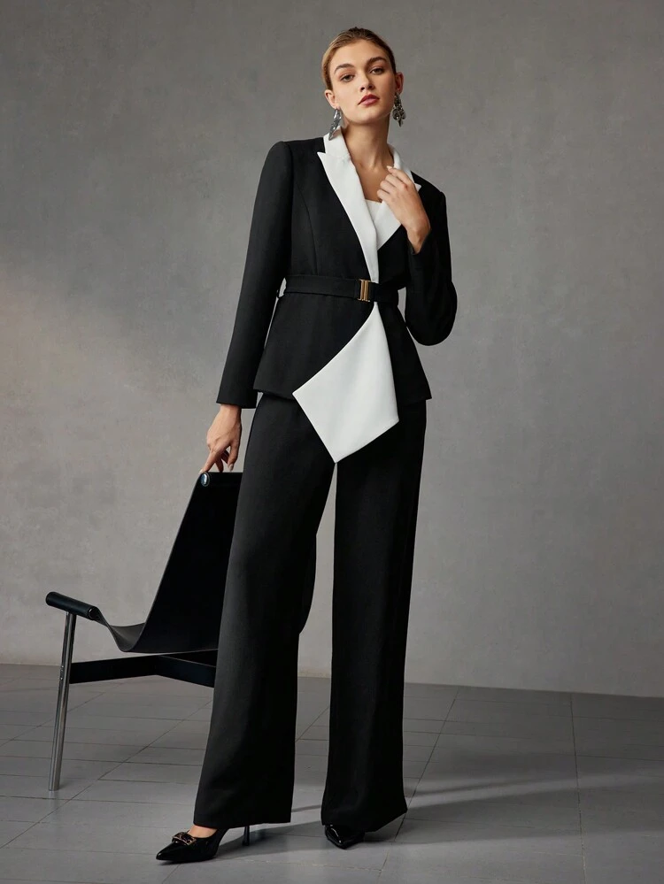 CONTRAST PIPING HIGH WAIST FOLD PLEATED WIDE LEG SUIT PANTS