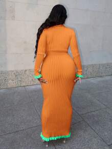 Slaydiva Bộ đồ hai mảnh áo len dệt kim màu hồng hồng, cổ chữ V tay dài hở cổ tay loe nhẹ, dáng ôm vừa vặn, viền xanh lá cây, dành cho nữ - A - trái cam - Xem 2