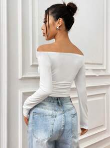 INAWLY 1pc New Leopard Print Bow One Shoulder Long Sleeve T-Shirt - Blue - View 2