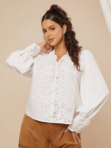 SHEIN VCAY Plus Size Women Casual French Style Solid Color Embroidered Lantern Sleeve Loose Blouse Shirt - White - View 5