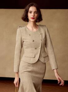 MOTF PREMIUM TWEED WRAP DOUBLE BREASTED PLACKET COAT - Camel - View 7