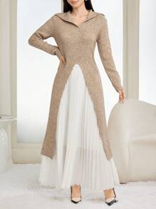 Modelyn High-End Design Shawl Collar High Slit Long Sleeve Knitted Women Sweater, Autumn/Winter Fall - Khaki - View 7