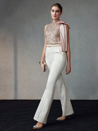 MOTF Soiréza BLUSA REGATAS DE FESTA COM DETALHES DE LAÇO GRANDE E GOLA SIMPLES