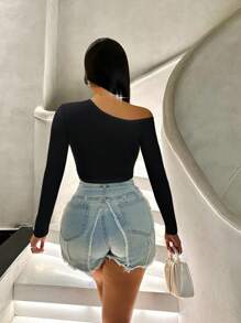 VaVaBold 女式性感不对称斜肩前镂空设计T恤新年俱乐部节日派对服装女款 - 黑色 - 查看 2