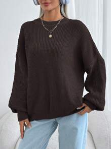 EURMUSE Women Solid Color Round Neck Drop Shoulder Chunky Pullover - Brown - View 7