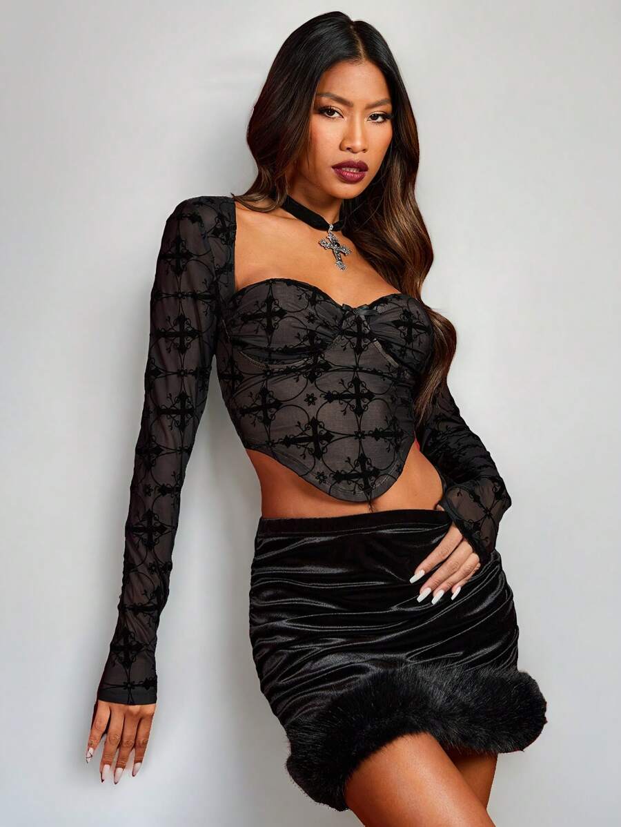 SHEIN SXY 交叉植绒网眼填充长袖圆领修身性感女装优雅休闲秋装 T 恤 - 黑色 - 查看 1