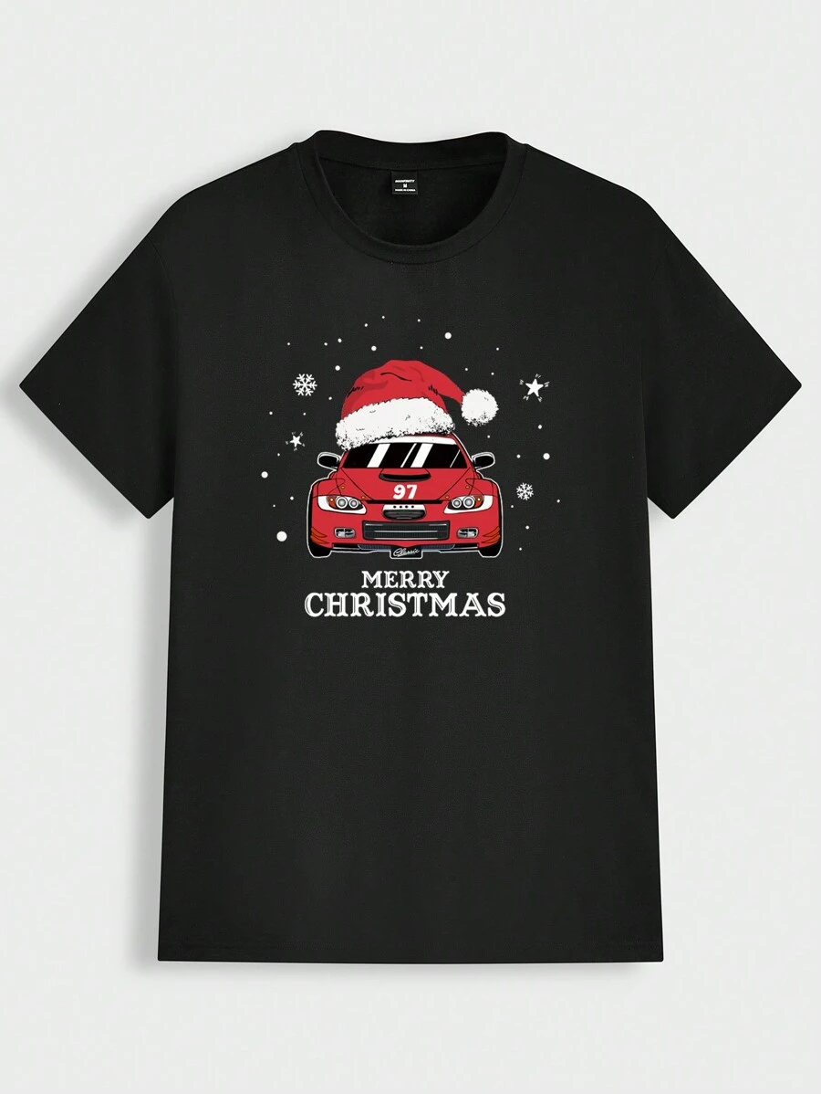 Manfinity Homme 大码男式简约休闲圣诞圣诞老人帽和汽车印花黑色度假可爱图案短袖 T 恤 - 黑色 - 查看 1
