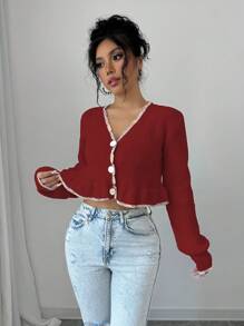 Elenzga 1pc Women Short Lotus Hem Cardigan, Autumn/Winter Fall Cloth For Women - Red - View 1