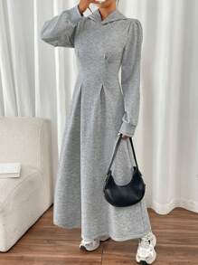 SHEIN LUNE Hooded Fashion Casual Long Sleeve A-Line Midi Sweatshirt Dress Pullover Fall Outfit