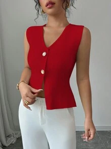 Elenzga 女士 2024 白色 V 领休闲针织毛衣背心新年衣服 - 紅色 - 查看 4