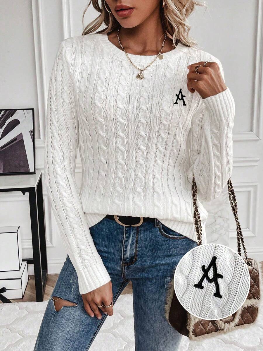 SHEIN LUNE Áo len chui đầu dài tay cổ tròn thêu hình xoắn ốc thường ngày đa năng - trắng - Xem 1