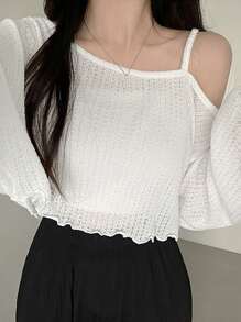 DAZY 女士休闲斜肩不对称下摆短款T恤，秋季长袖女上衣，秋季女装短款女上衣 - 白色 - 查看 8