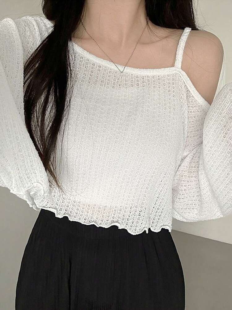 Women Casual Oblique Shoulder Asymmetrical Hem Short T-Shirt, Autumn Long Sleeve Women Tops,Fall Women Clothes Crop Women Tops