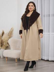 Modelyn Plus Size Fluffy Collar Splicing Elegant Long Sleeve Overcoat, Autumn/Winter