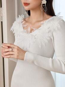 Modelyn 1pc Women's Elegant Fitted Slimming Knit Cocktail Dress For Party And Formal Events - White - View 8