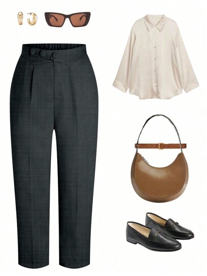 Calvaya 大码女式纯色褶皱锥形休闲/商务长裤