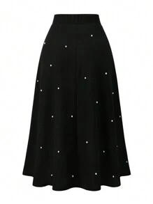 SHEIN Clasi 大码女式纯色仿珍珠装饰褶皱长裙，优雅 - 黑色 - 查看 2