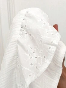 SHEIN Frenchy Casual Simple Embroidered V-Neck Cinched Waist A-Line White Plus Size Cotton Dress, Suitable For Leisure And Home Wear, Autumn - White - View 7