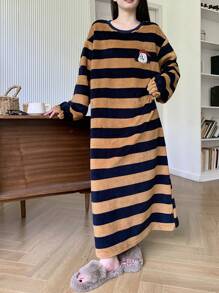 DAZY Thick Striped Flannel Nightgown With Cute Cartoon Pattern, Loose Fit For Winter Pajama,Thermal Lined - Coffee Brown - View 6