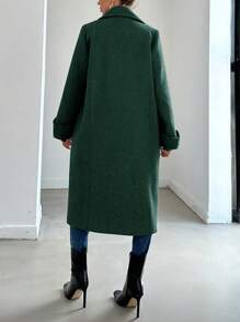EURMUSE Solid Lapel Collar Slant Pocket Longline Overcoat - Dark Green - View 2