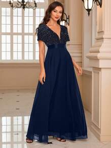UNITHORSE Sequin Spliced Formal Dress Elegant Prom Wedding Guest Gown, For Graduation Dress, Bride Dress, Birthday Women Outfits,Party Dress,Evening - Navy Blue - View 6