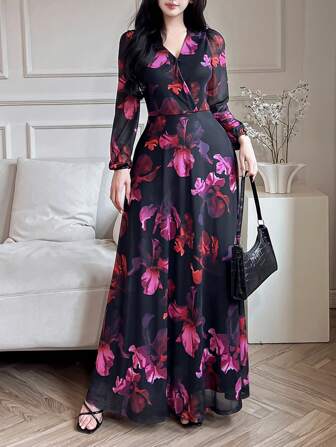 Feyla Kadın V Yaka Uzun Kollu Çiçek Desenli Günlük Uzun Elbise Uzun Abiye Elbiseler