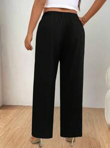 SHEIN LUNE Plus Size Women's Solid Color Casual Pants - Black - View 2