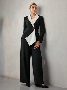 MOTF PREMIUM CONTRAST PIPING HIGH WAIST FOLD PLEATED WIDE LEG SUIT PANTS - Black and White - View 5