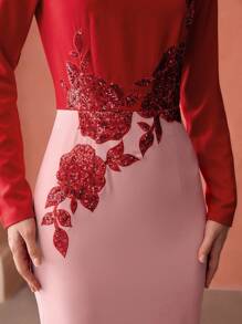 MOTF PREMIUM TWO TONE MOCK NECK CONTRAST SEQUIN EMBROIDERY FLORAL PATTERN DRESS - Pink - View 3