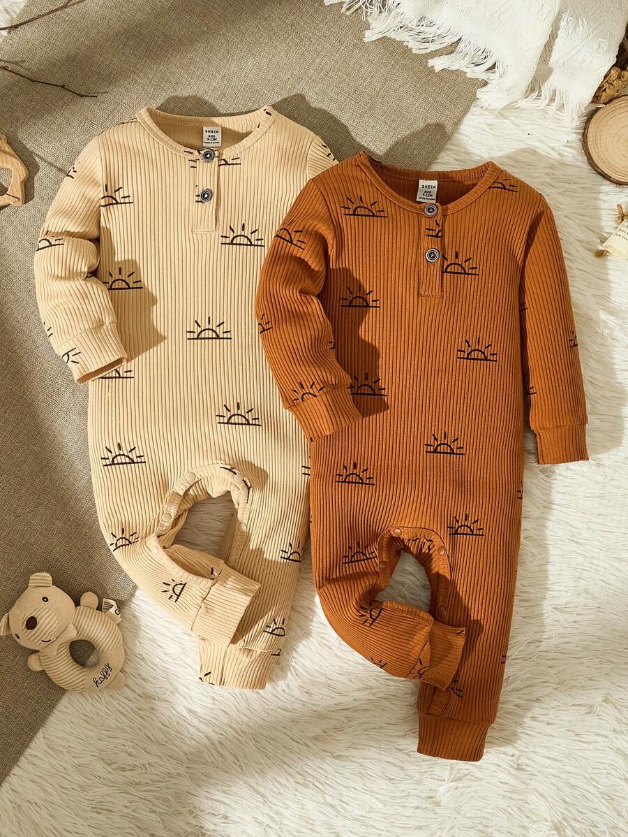 SHEIN Vintaside Kids 嬰兒男孩2件套太陽印花肋編連身衣 - 彩色 - 查看 1