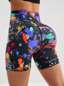 Menodora SHEIN Sport Shorts biker deportivos con estampado de tinte de salpicadura con bolsillo de celular - Multicolor - Ver 2