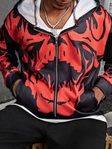 Manfinity Dauomo Men's Allover Print Hooded Zip-Up Long Sleeve Sweatshirt
