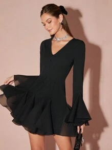 Enchnt 女士纯色 V 领修身优雅长袖连衣裙 - 黑色 - 查看 5